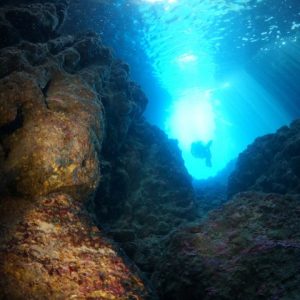 Underwater scene with diver and rocks